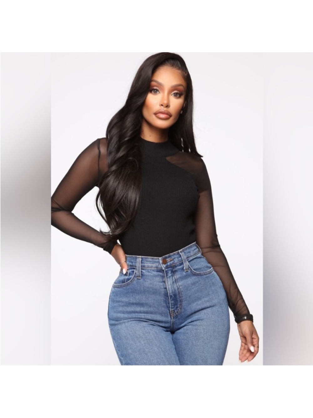 NWT Fashion Nova Sheer-Sleeve Mock Neck Top S R53